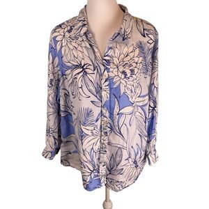 H by Halston 100% Linen Button Down Blouse Blue Floral - Size 1X